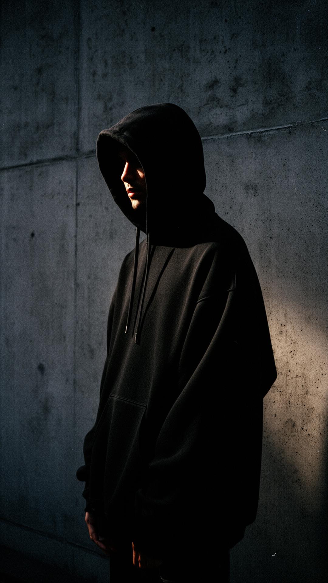 Model in oversized black hoodie